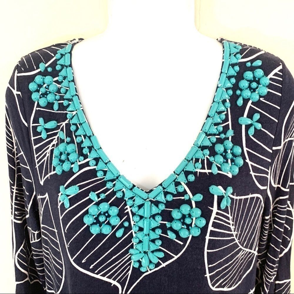 BODEN super soft blue leaf print dress w/ beadwork